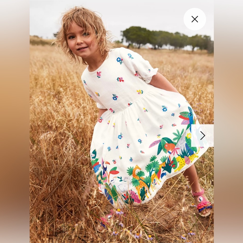 Mini Boden Girls' Jungle Print Hem Woven Dress, Ivory/Multi, 8-9 years